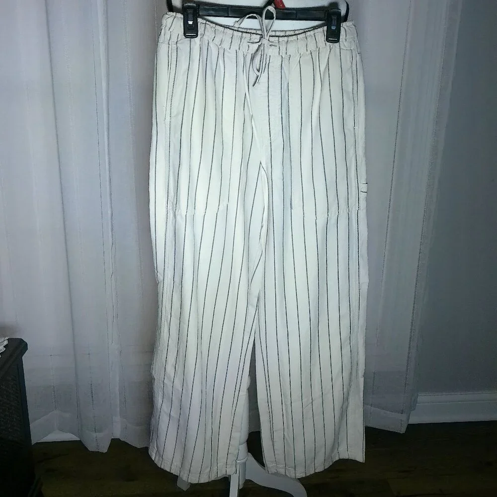AERIE NWT Pull-On Cream w/ Black Stripe Wide Leg Pants w/Pockets & Loop S